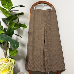 SHEIN 0XL Brown Wool Blend Houndstooth Elastic Waist Wide Leg Trouser Pants NEW